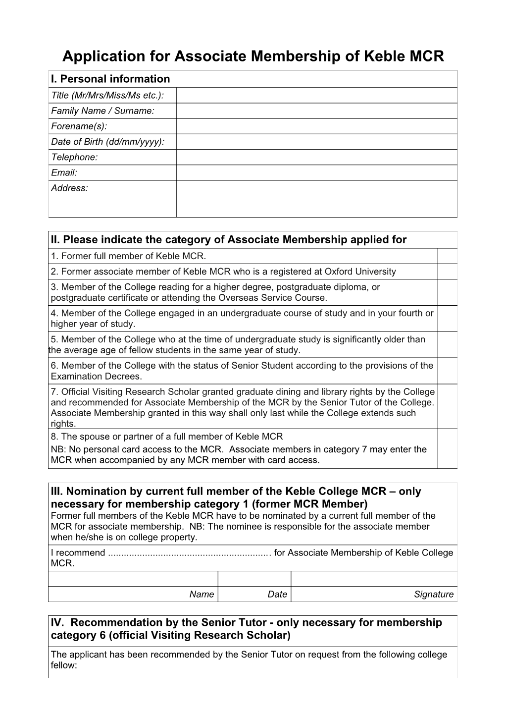 Application for Associate Membership of Keble MCR