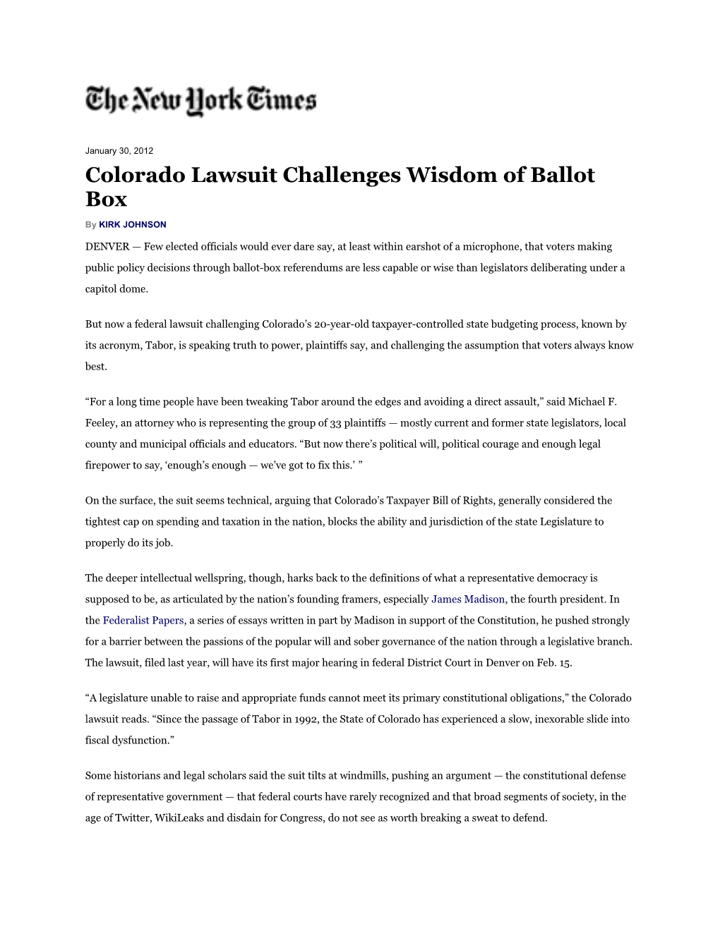 Colorado Lawsuit Challenges Wisdom of Ballot Box