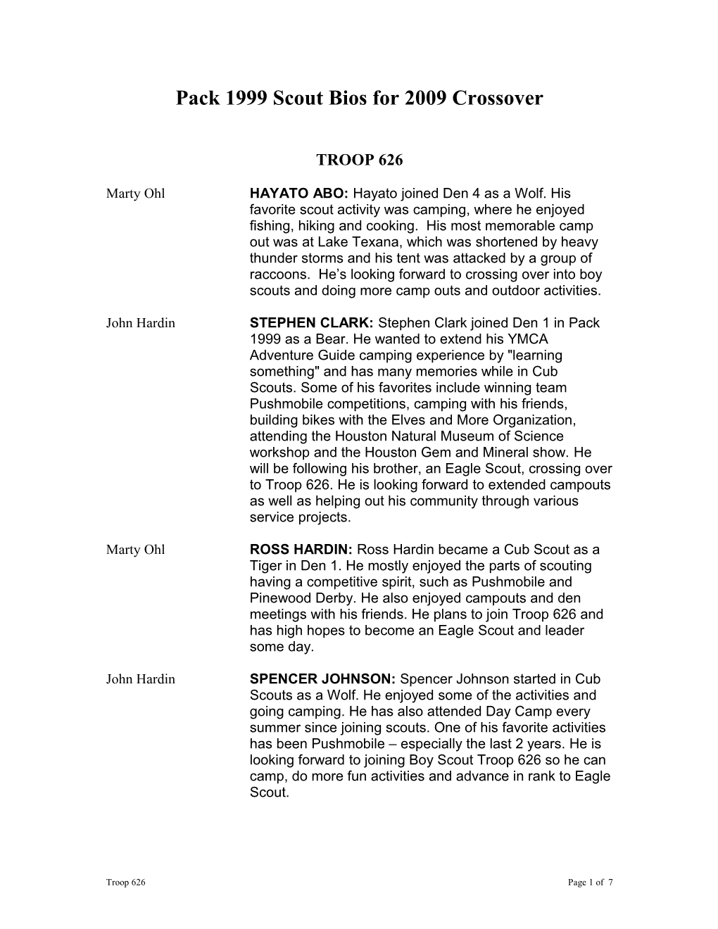 Pack 1999 Scout Bios for 2009 Crossover