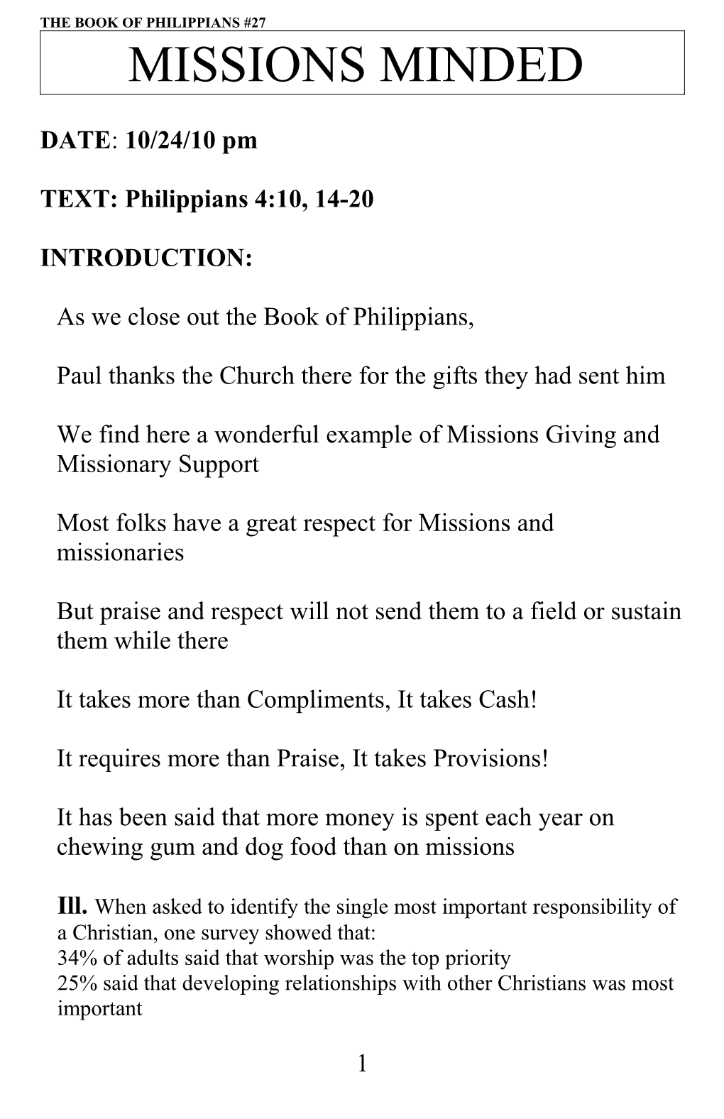 Missions Minded Philippians 4:10, 14-20