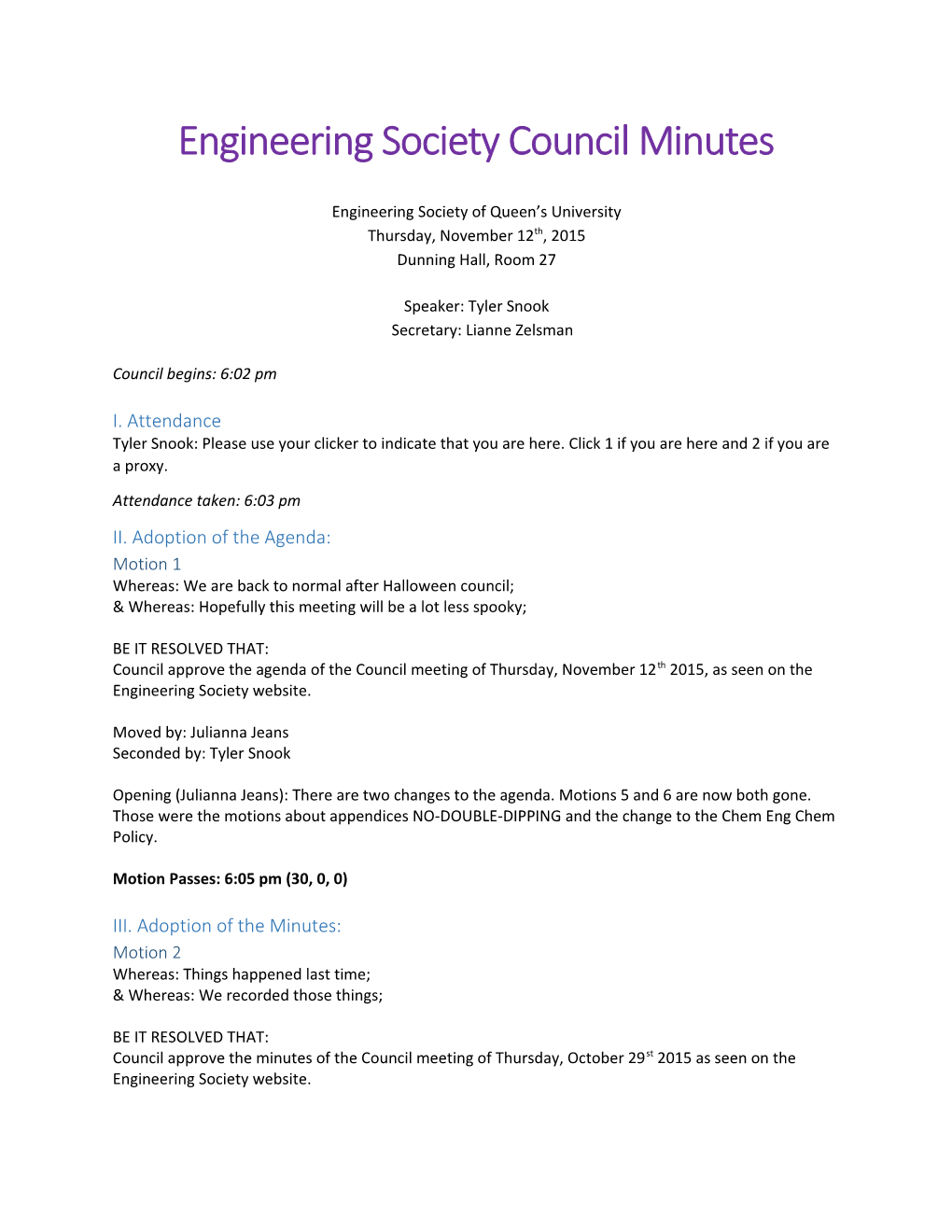 Engineering Society Council Minutes