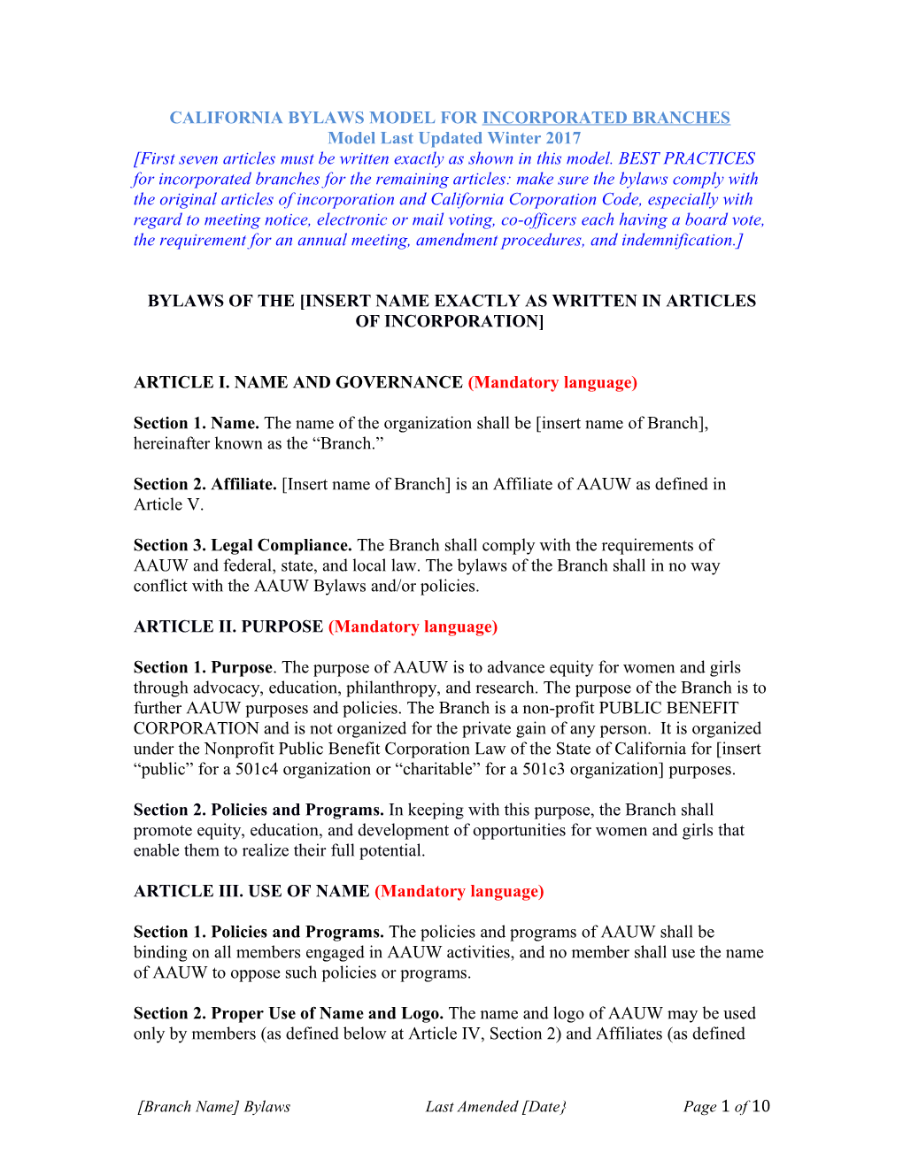 CALIFORNIA BYLAWS MODEL for INCORPORATED Branches