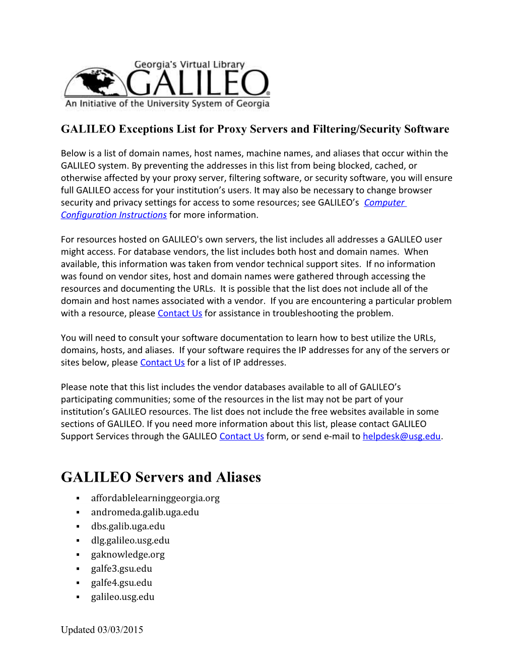 GALILEO Exceptions List for Proxy Servers and Filtering/Security Software