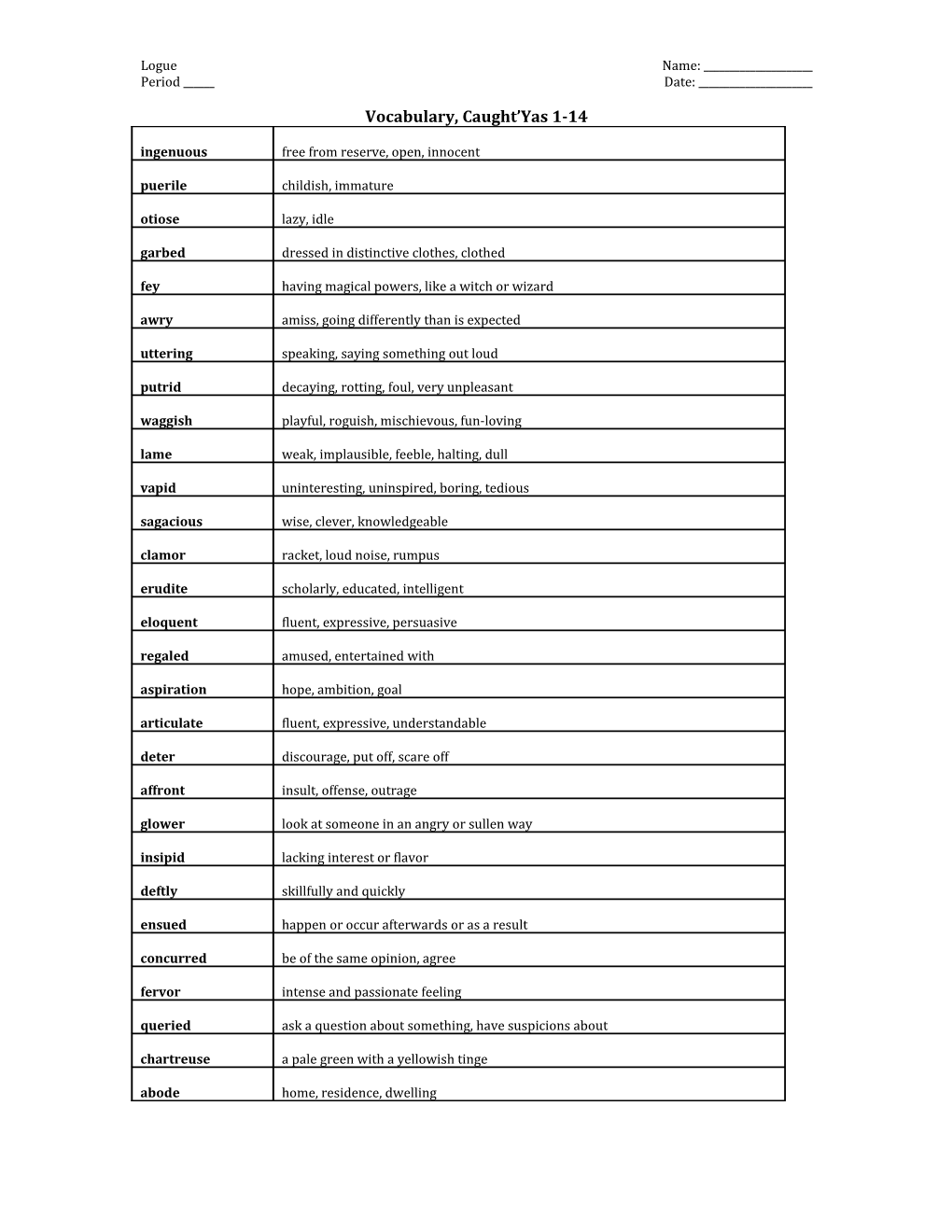 Vocabulary, Caught Yas 1-14