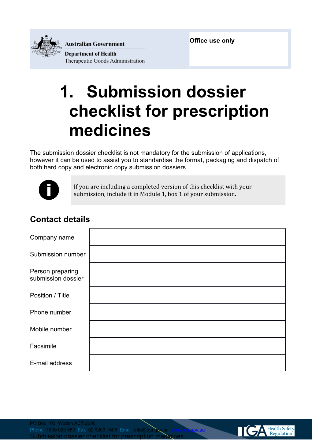 Submission Dossier Checklist for Prescription Medicines