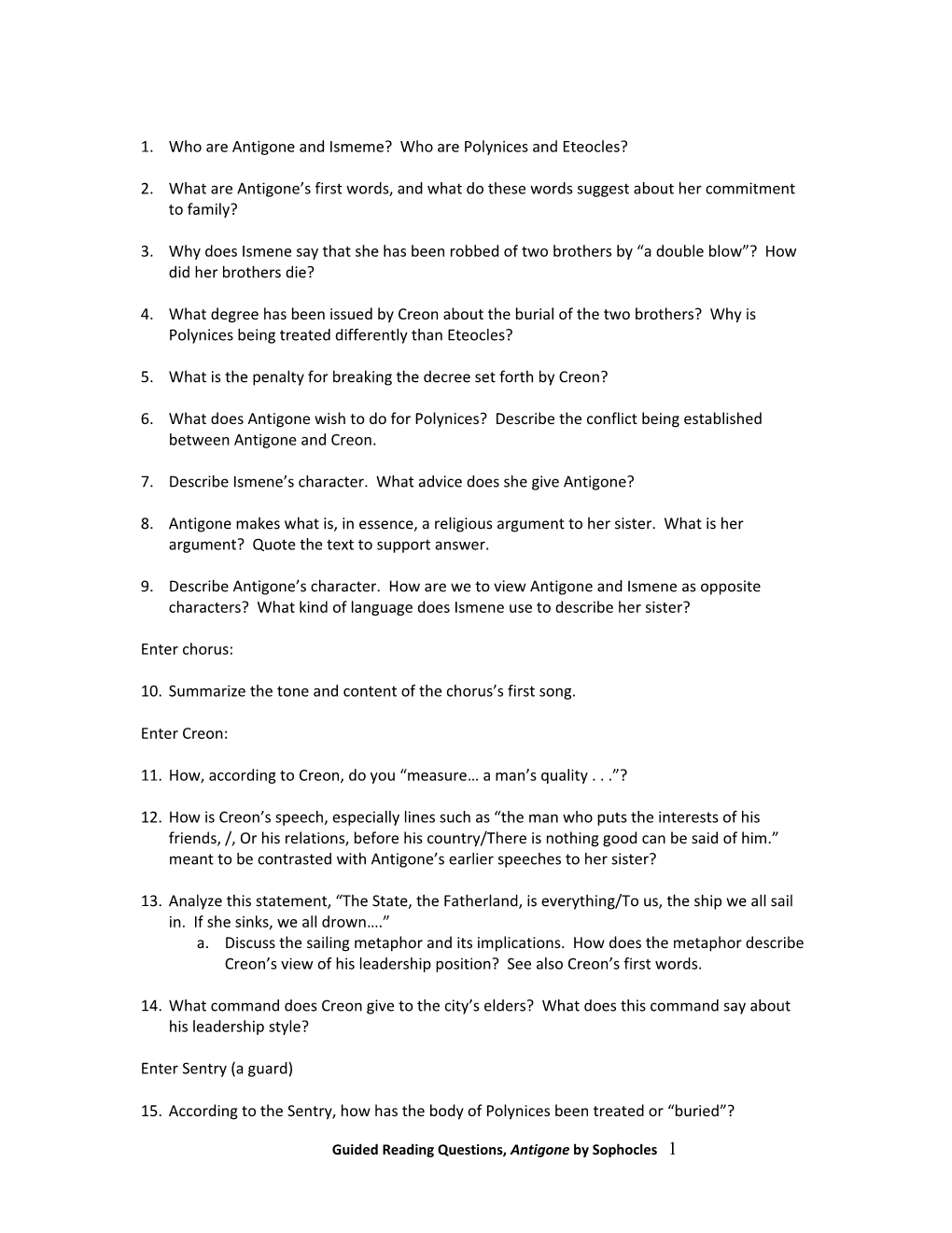Guided Reading Questions, Antigone By Sophocles (First Half Of Play)