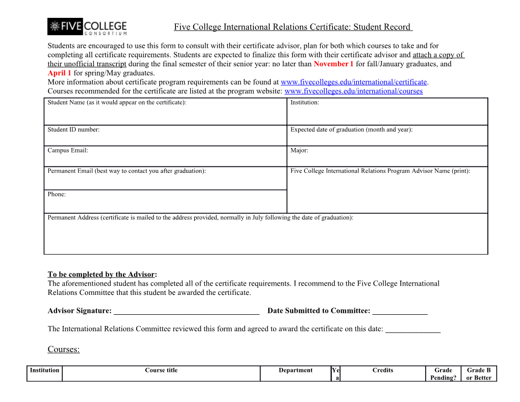 Five College International Relations Certificate: Student Record