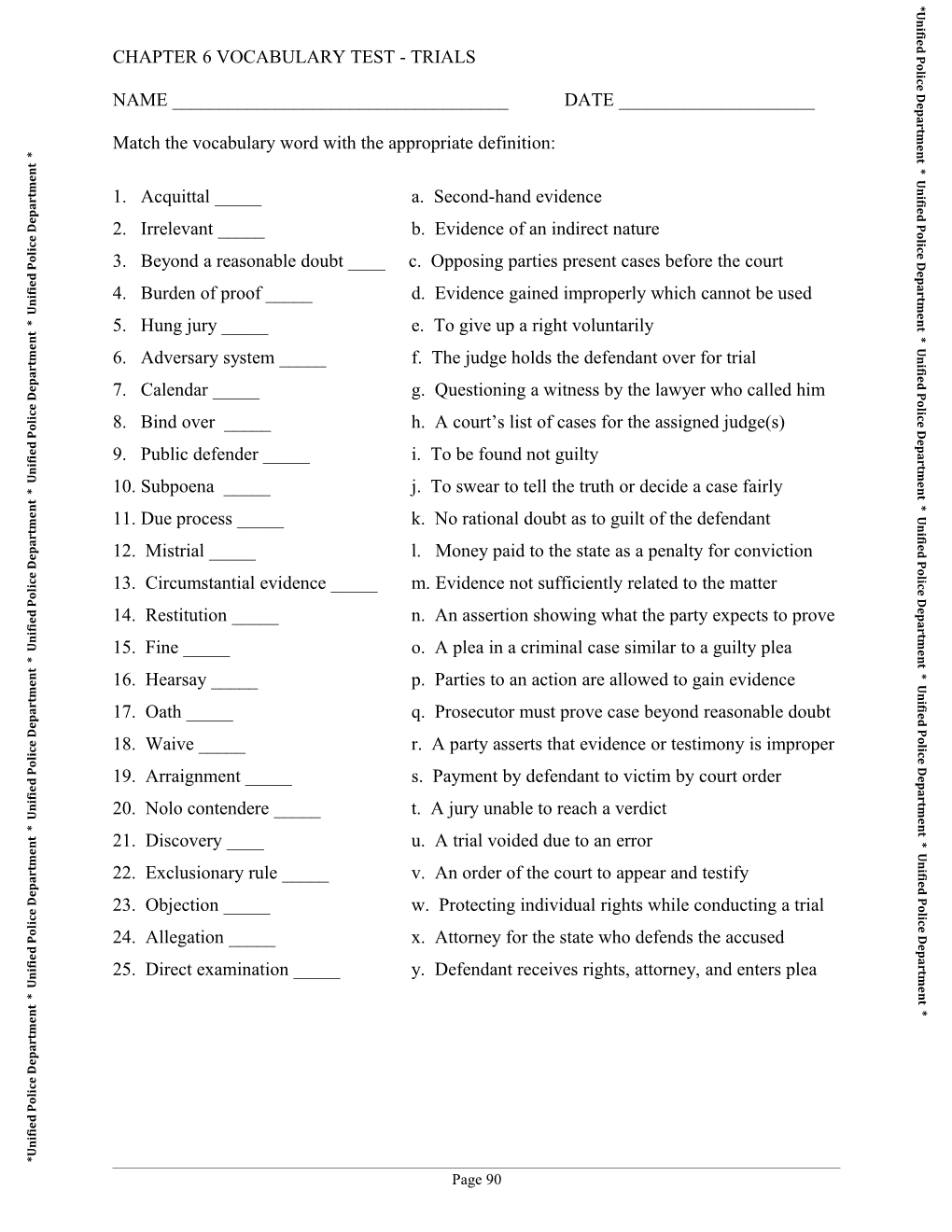 Match the Vocabulary Word with the Appropriate Definition