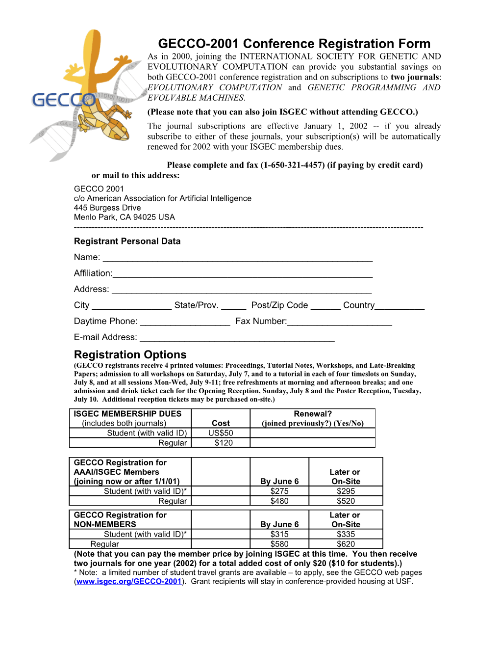 GECCO-2001 Conference Registration Form