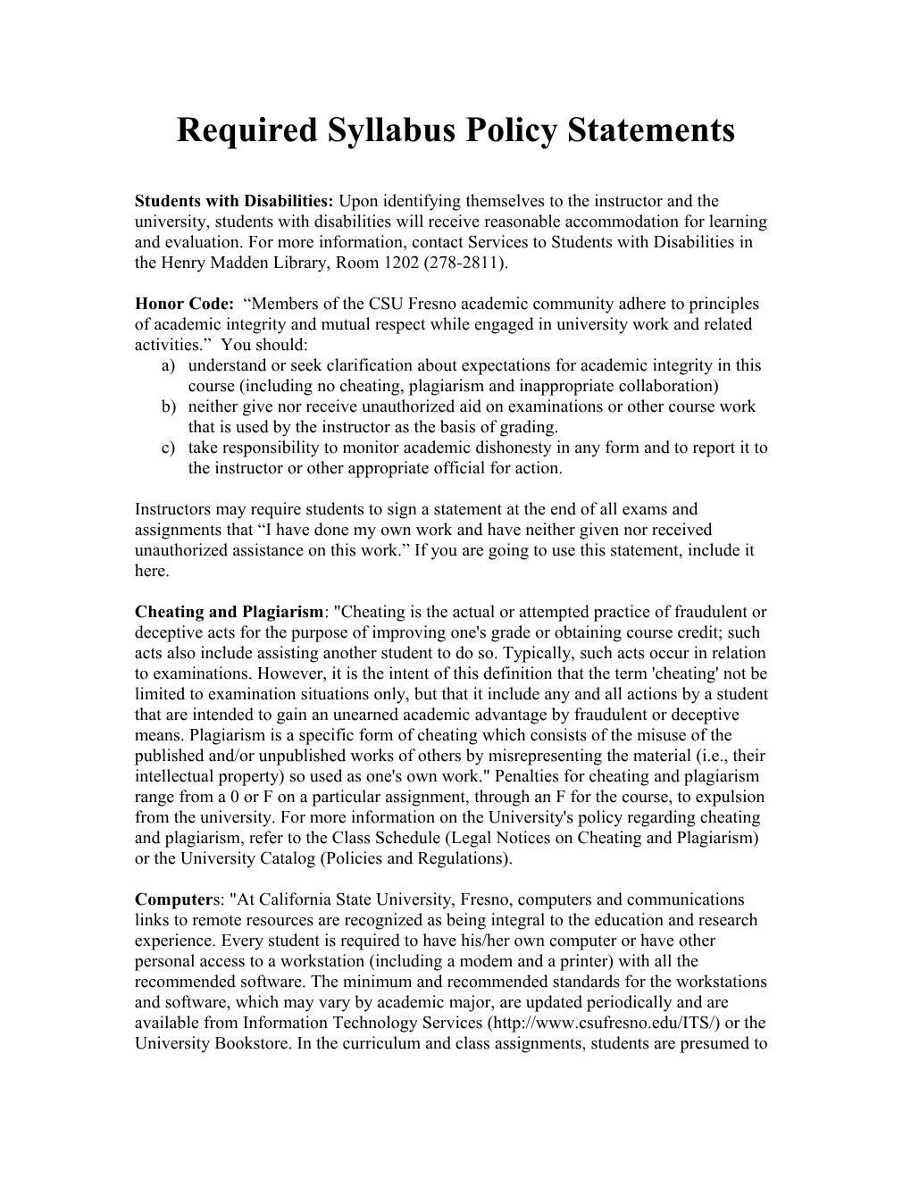 Required Syllabus Policy Statements