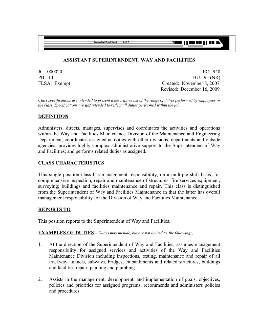 Assistant Superintendent, Way and Facilities