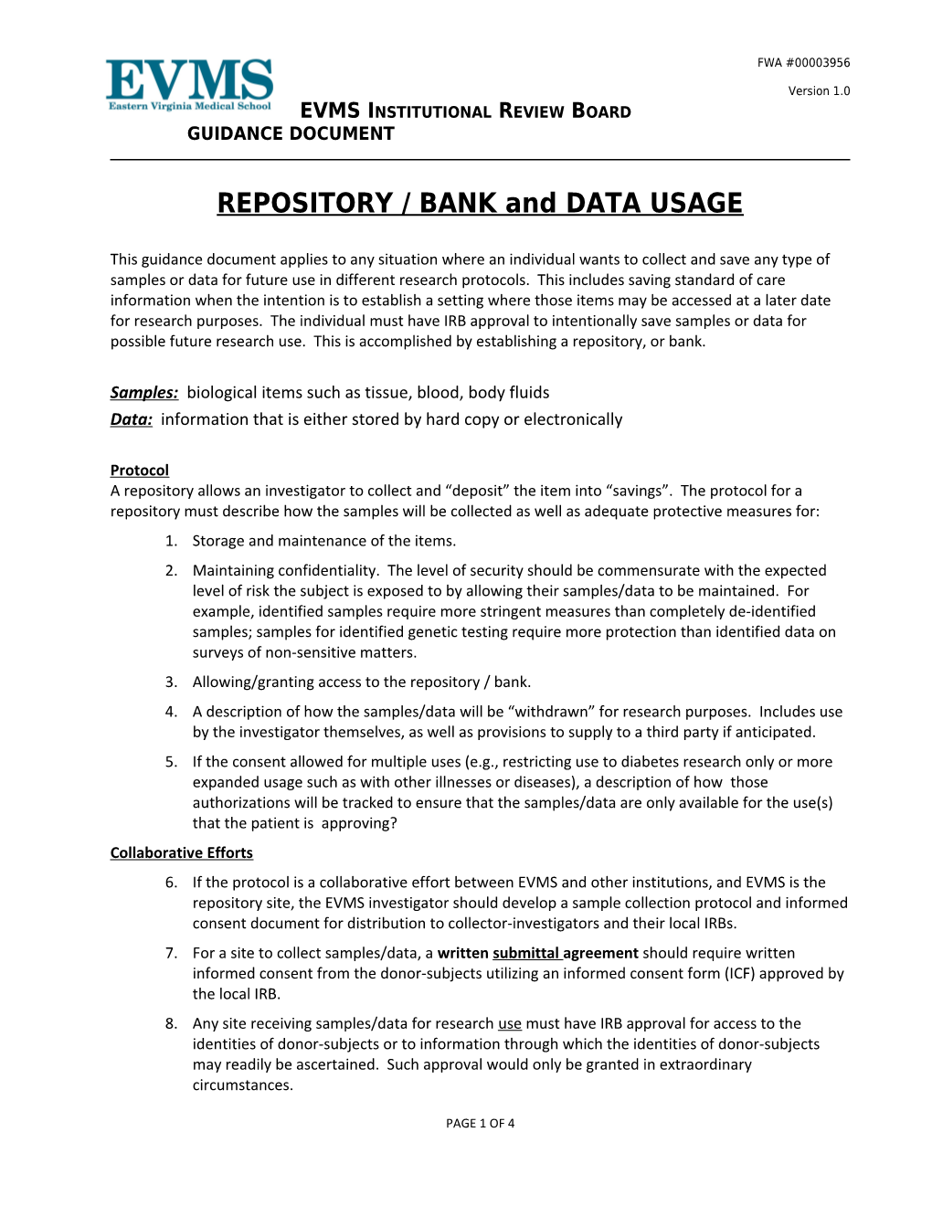 REPOSITORY / BANK and DATA USAGE