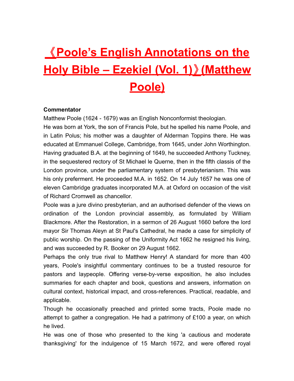 Poole S English Annotations on the Holy Bible Ezekiel (Vol. 1) (Matthew Poole)