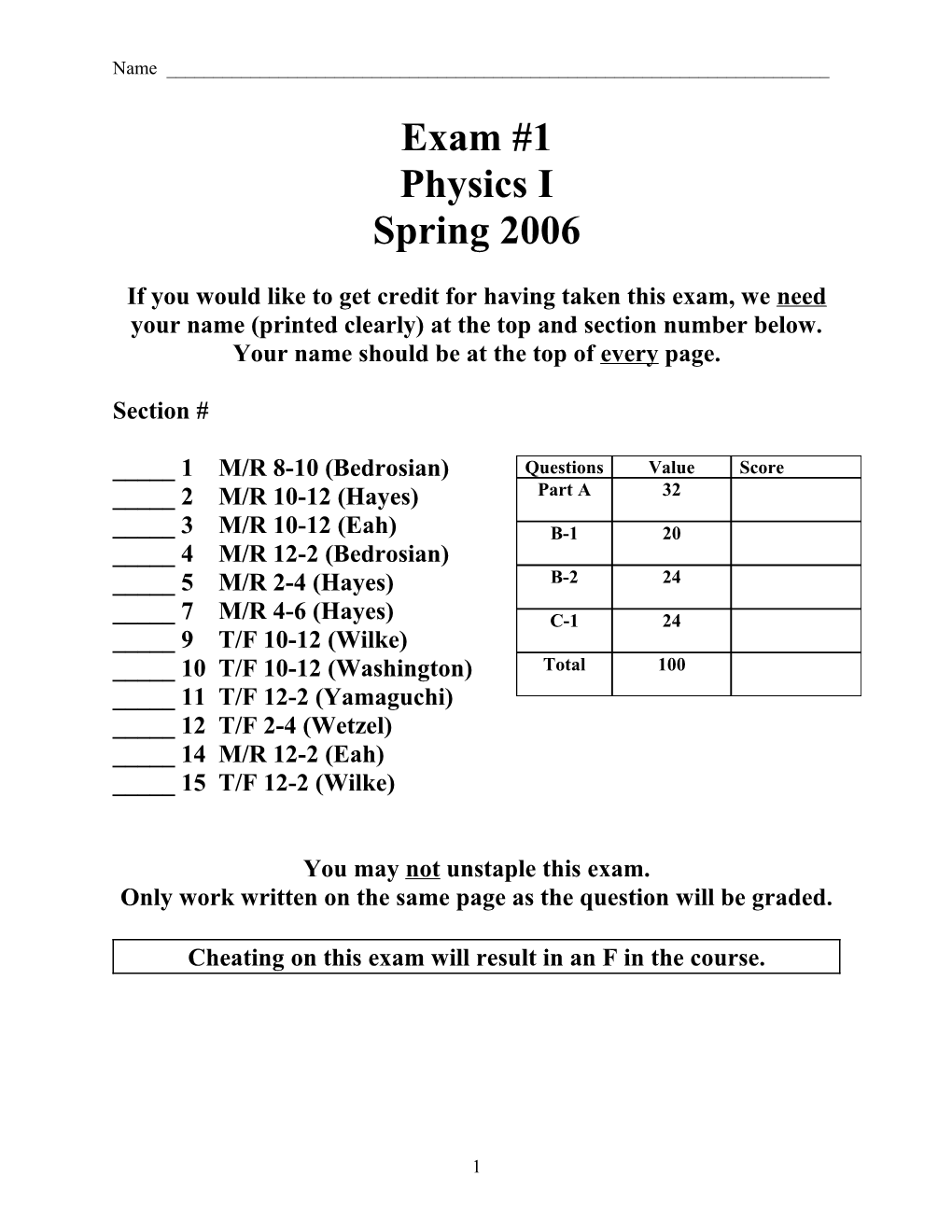 Physics I Exam 3 Spring 2003