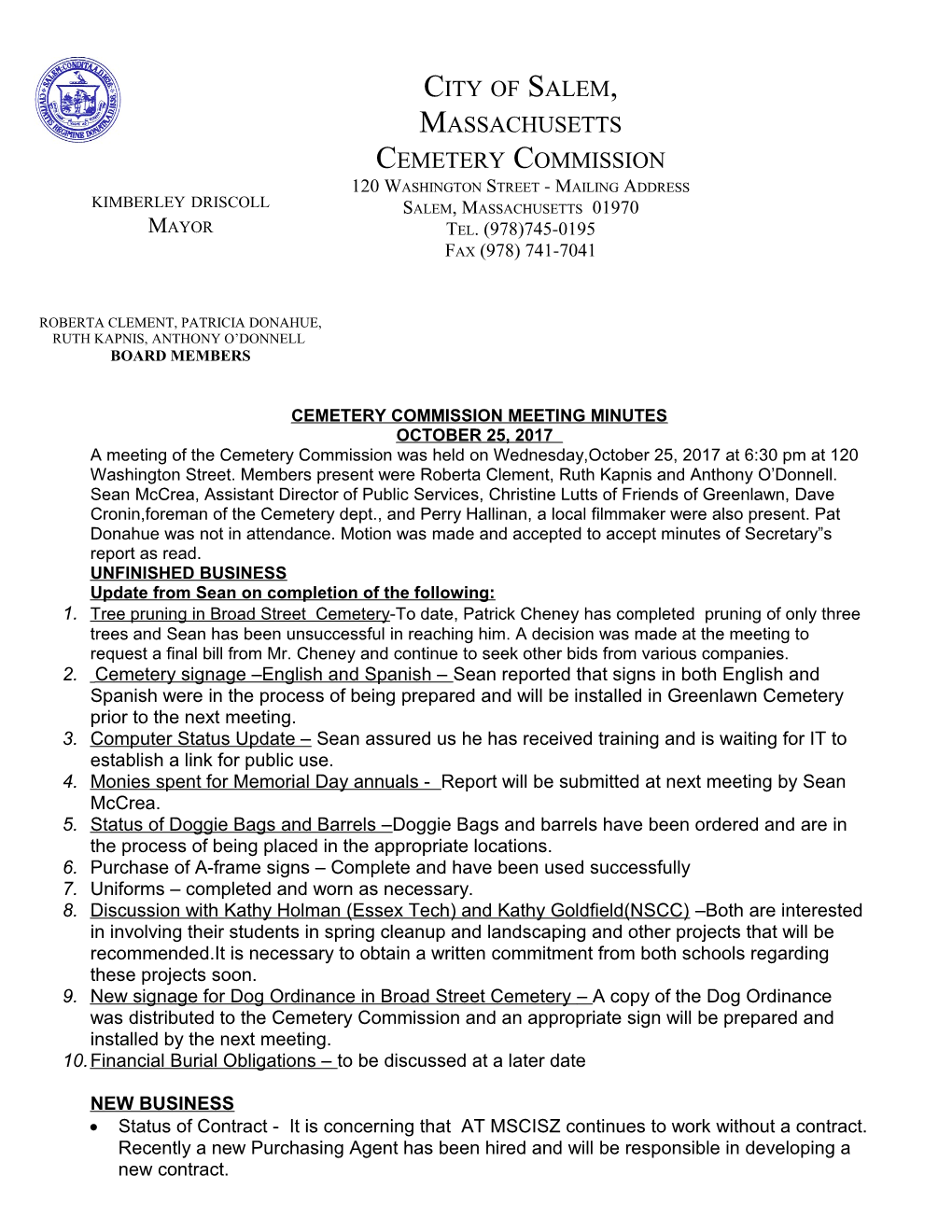 Cemetery Commission Meeting Minutes