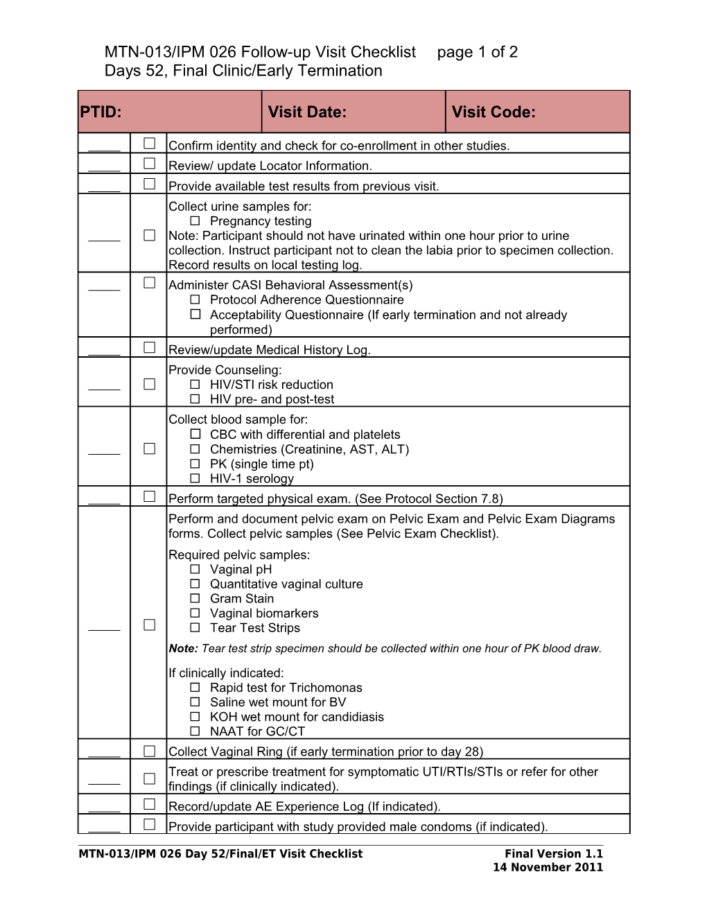 MTN-013/IPM 026 Follow-Up Visit Checklist Page 1 of 2