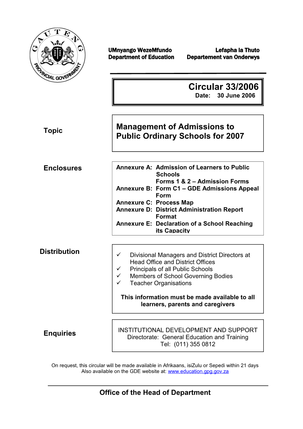 Circ.33.2006 Management of Admissions to Public Ordinary Schools for 2007