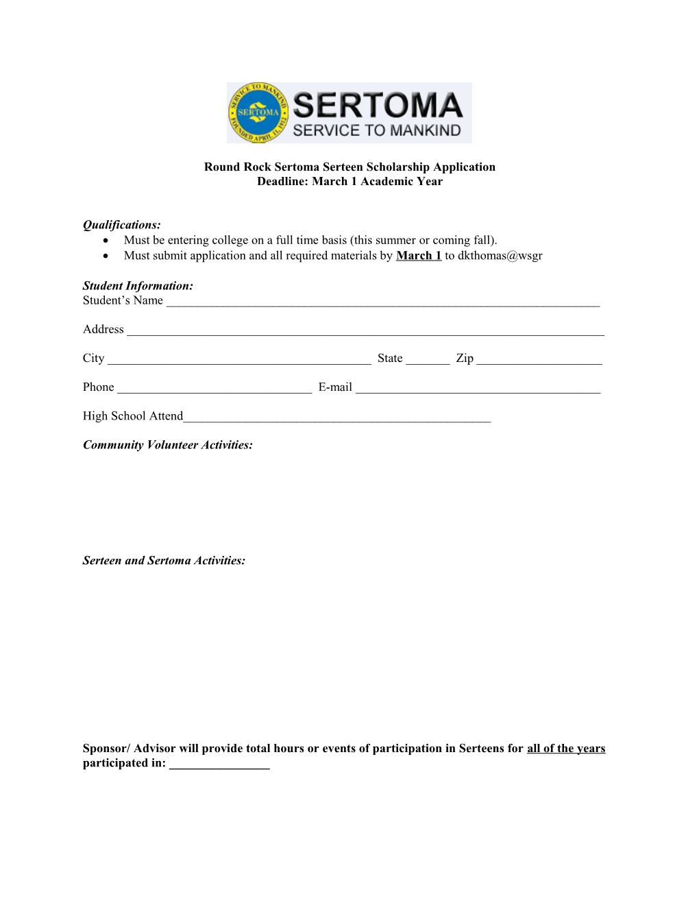 Round Rock Sertoma Serteen Scholarship Application