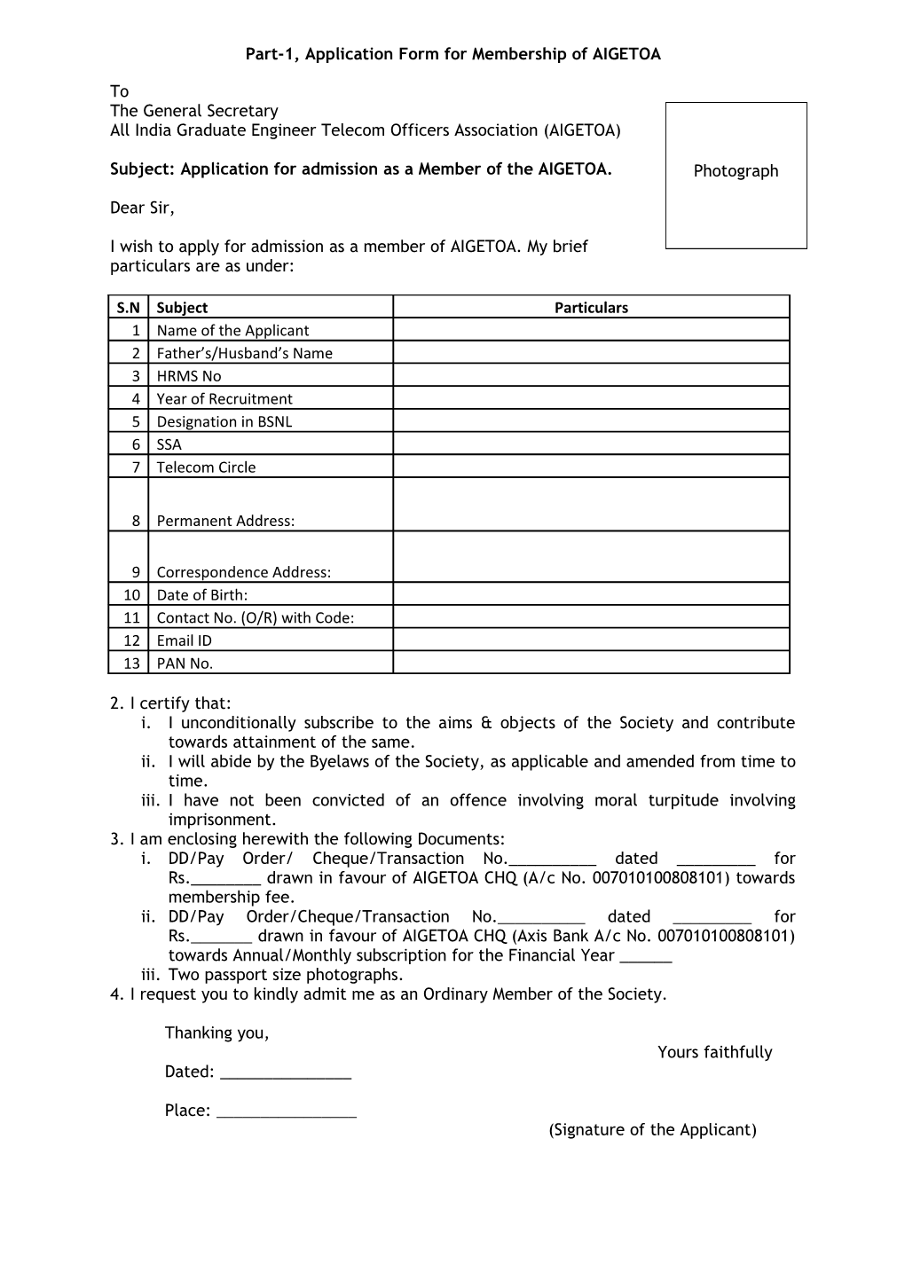 Part-1, Application Form for Membership of AIGETOA