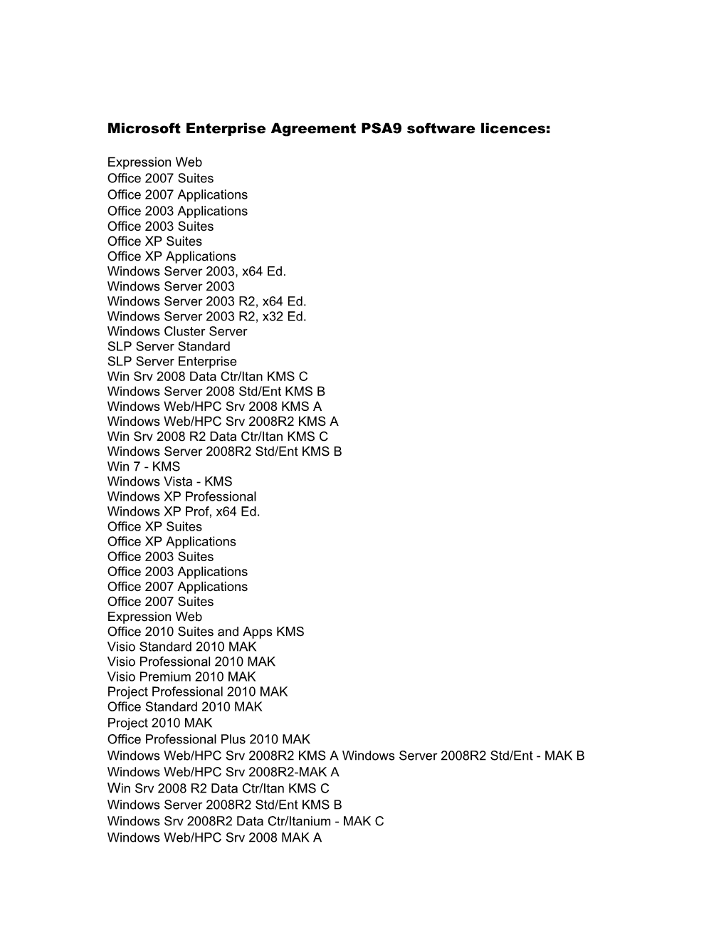 Microsoft Enterprise Agreement PSA9 Software Licences