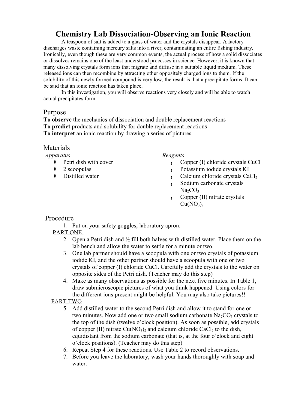 Chemistry Lab Dissociation-Observing an Ionic Reaction