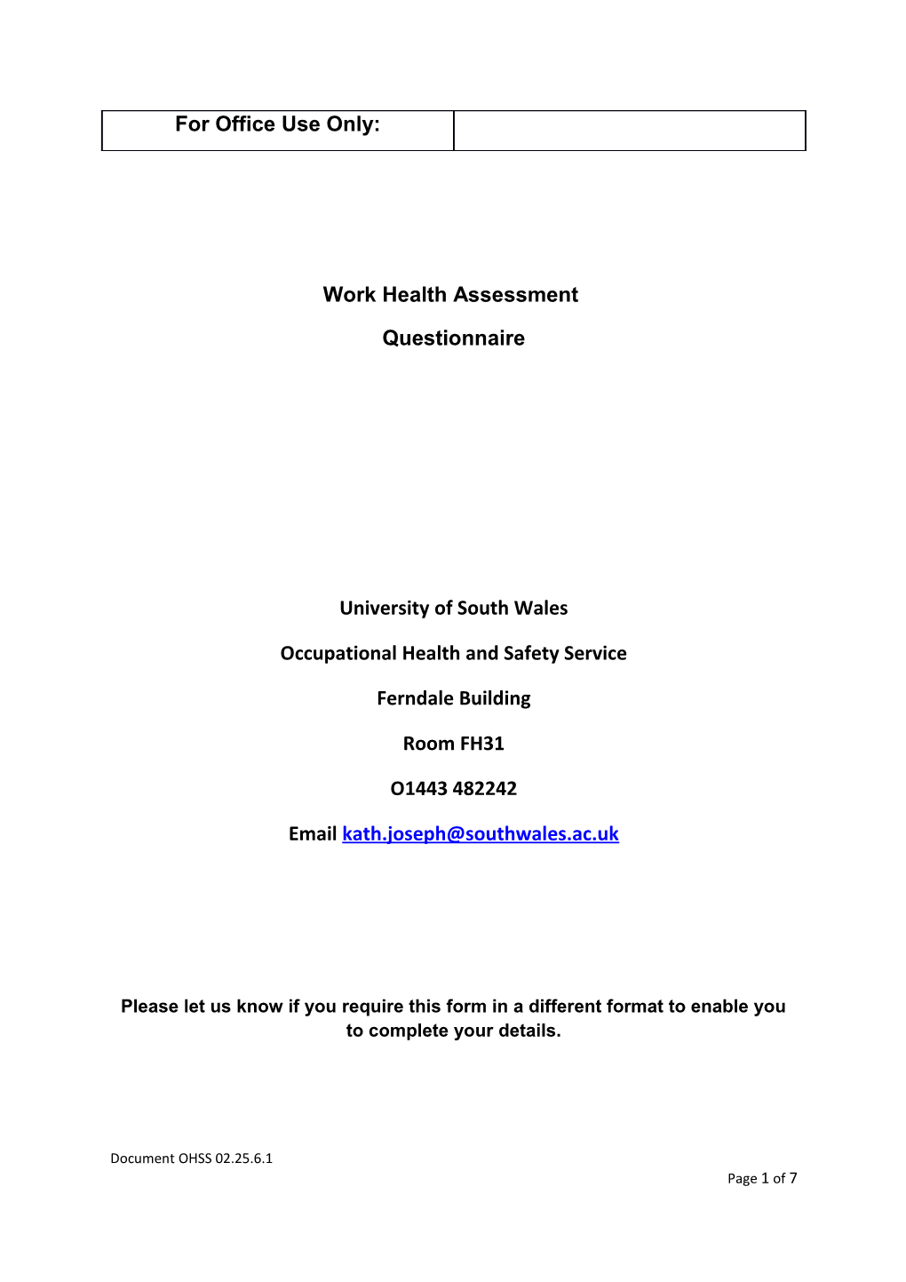 Work Health Assessment