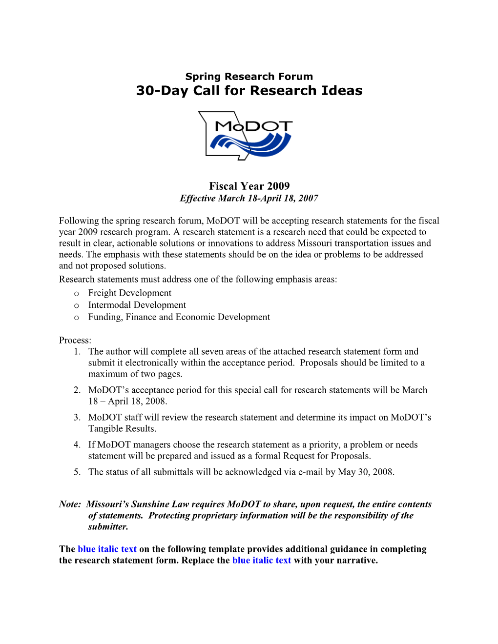 30-Day Call for Research Ideas