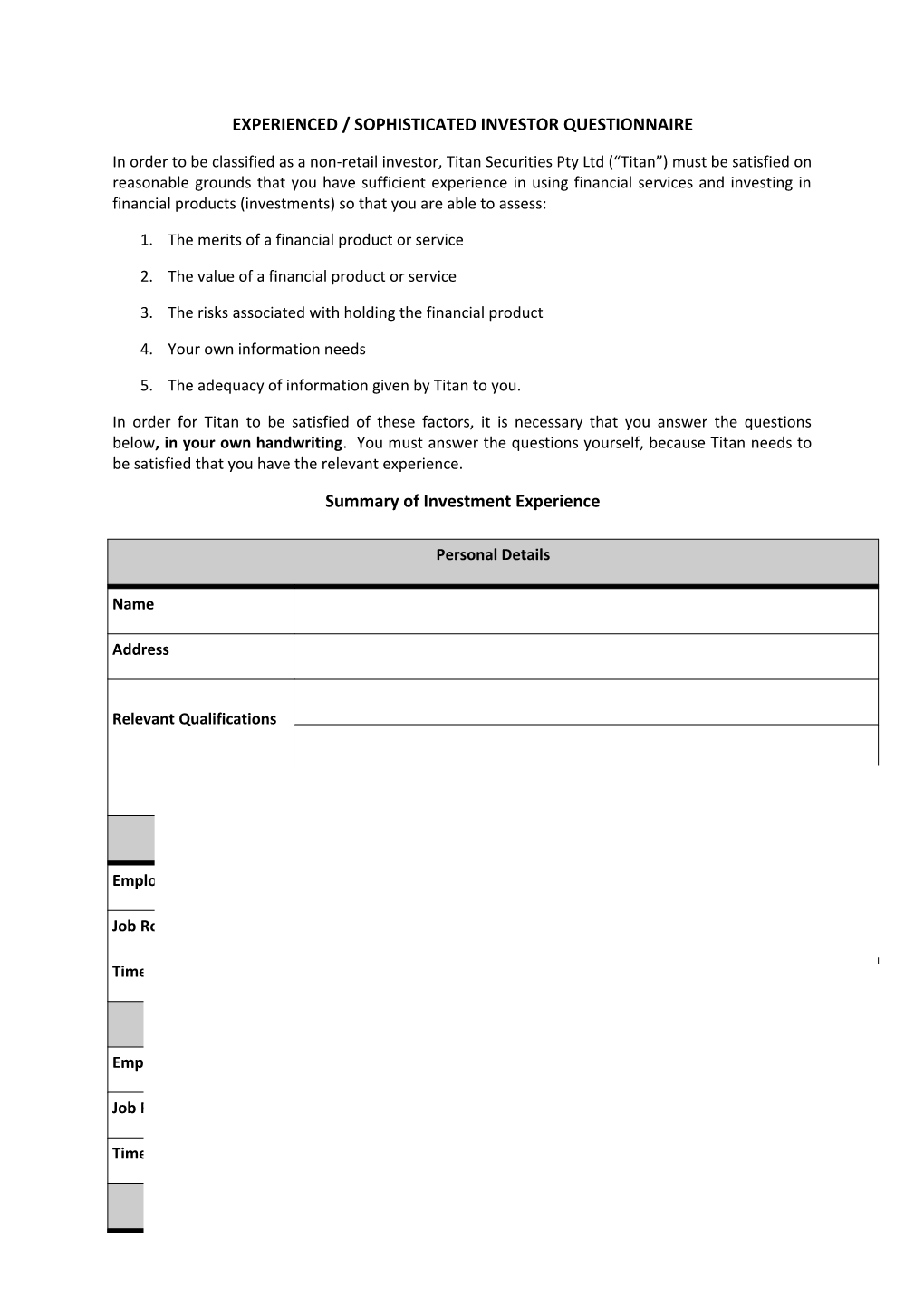 Sophisticated Investor Questionnaire