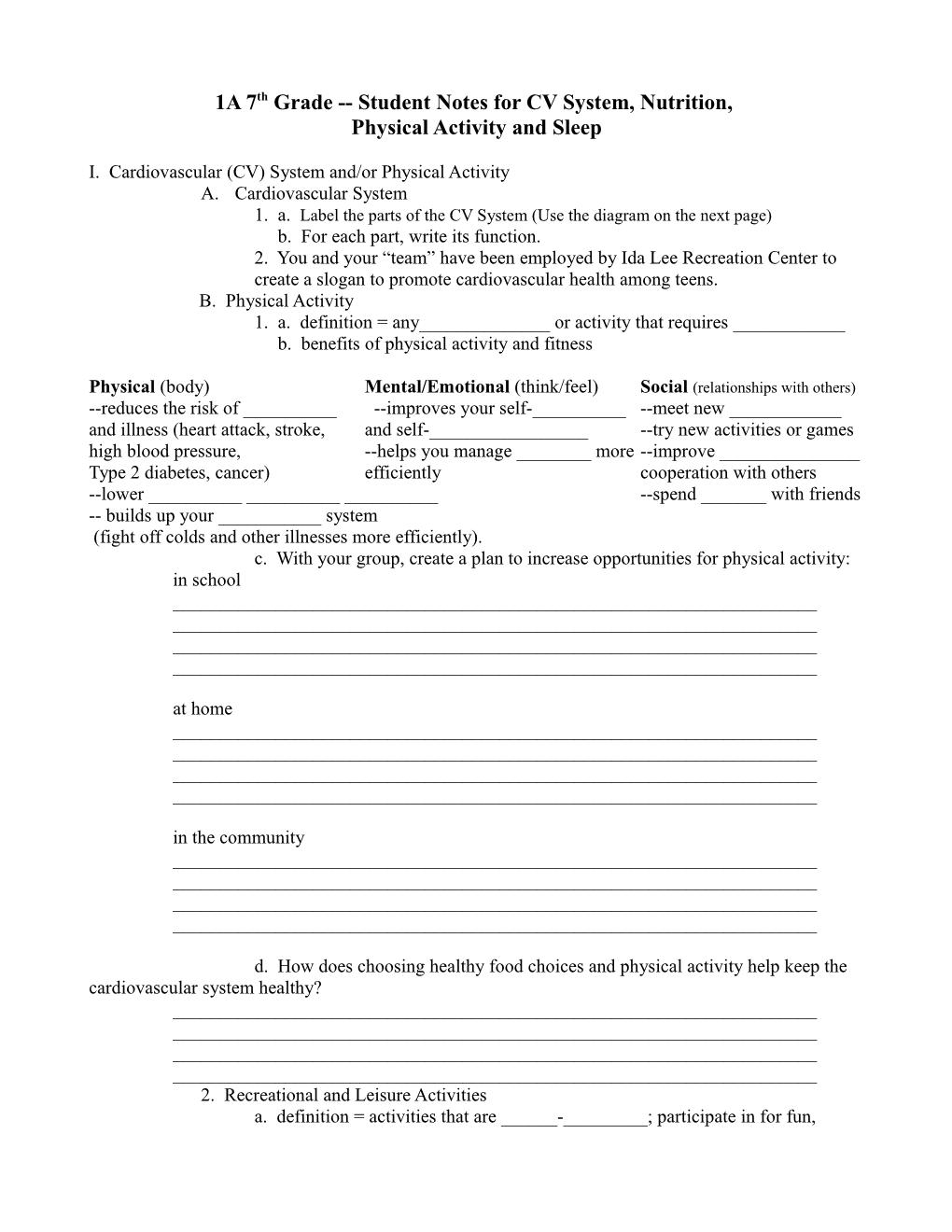 1A 7Th Grade Student Notes for CV System, Nutrition