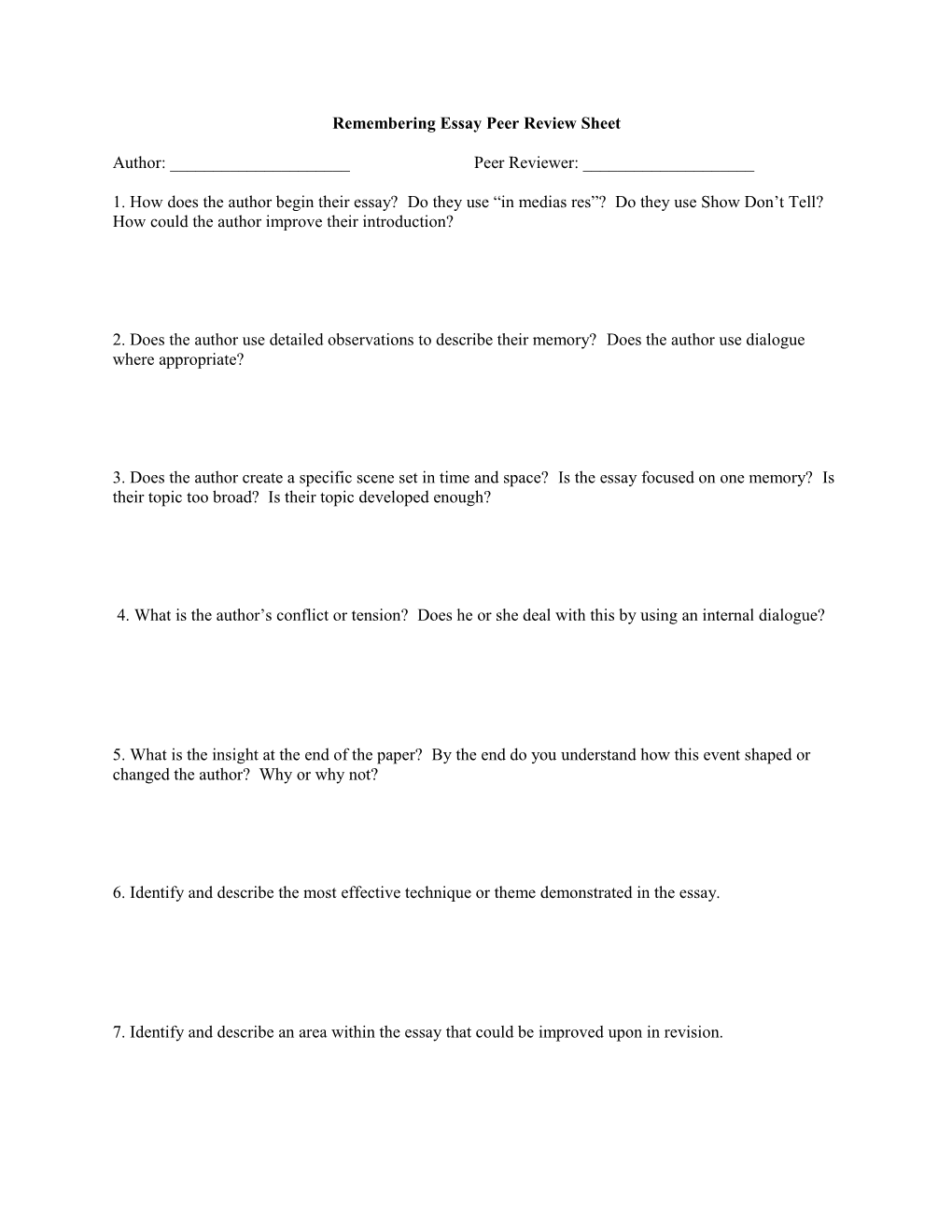 Remembering Essay Peer Review Sheet