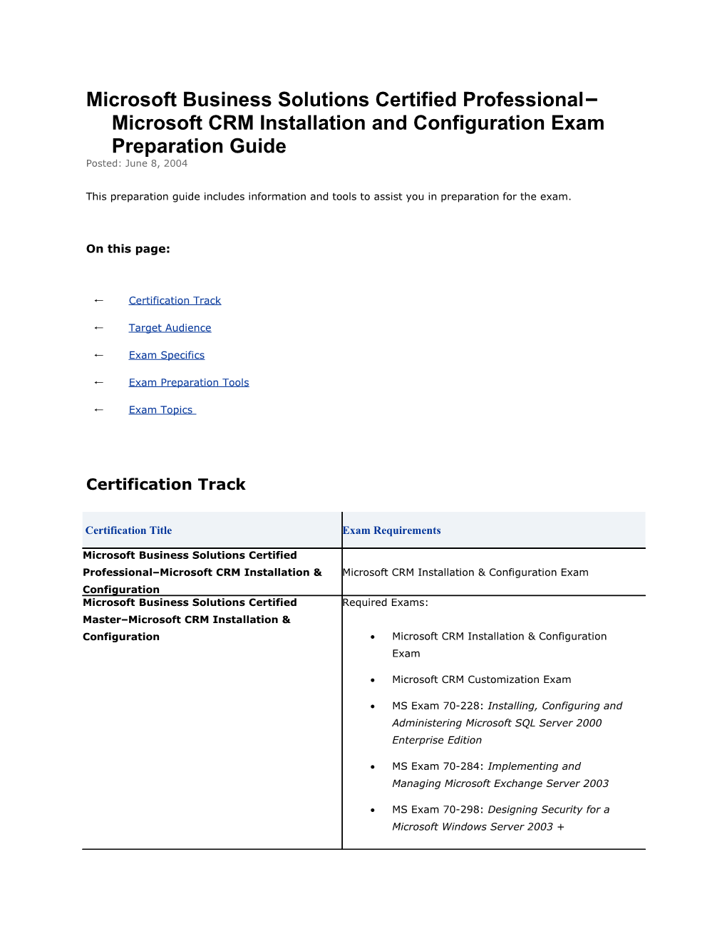 Microsoft Business Solutions Certified Professional Microsoft CRM Installation and Configuration