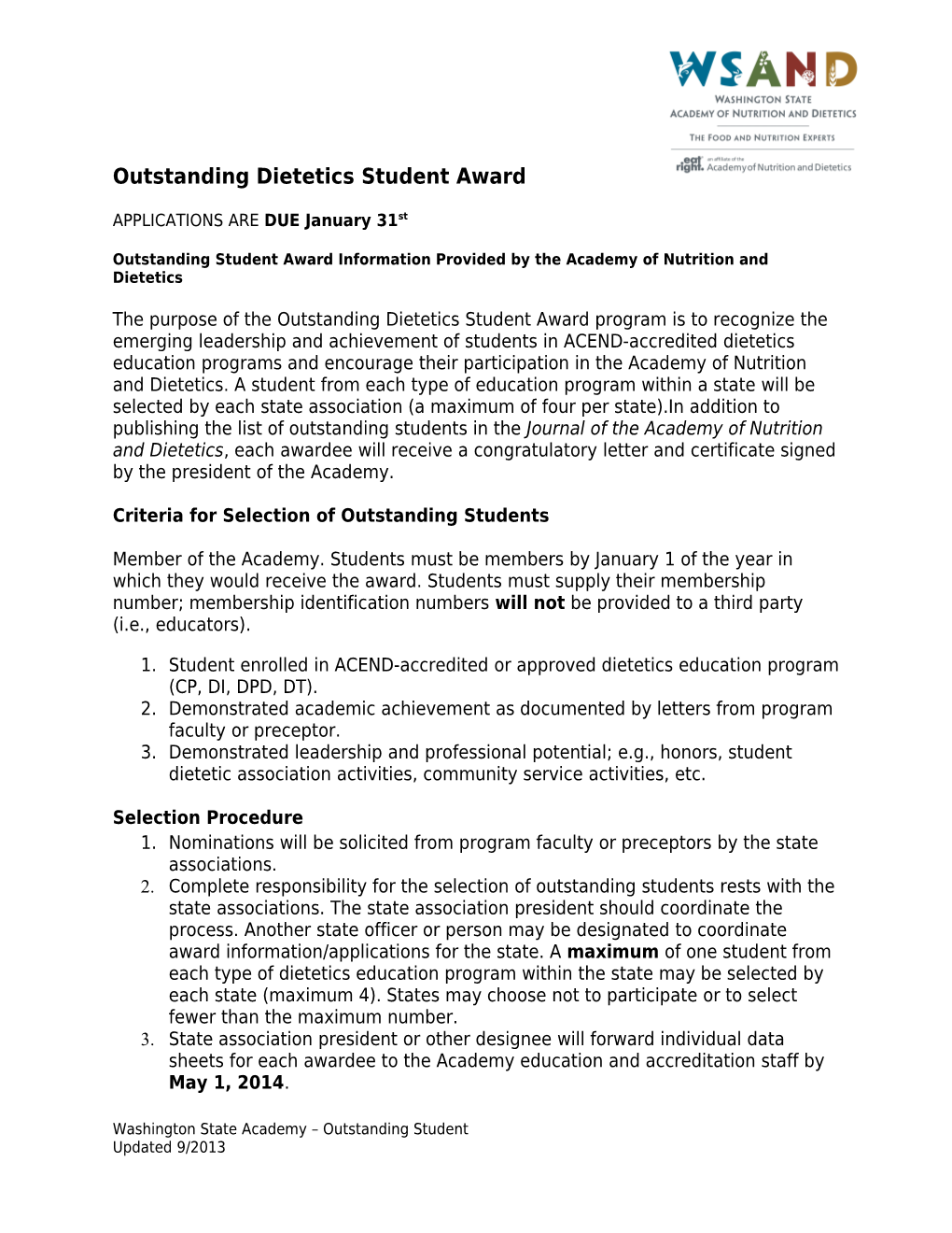 Outstanding Student Award Information Provided by the Academy of Nutrition and Dietetics
