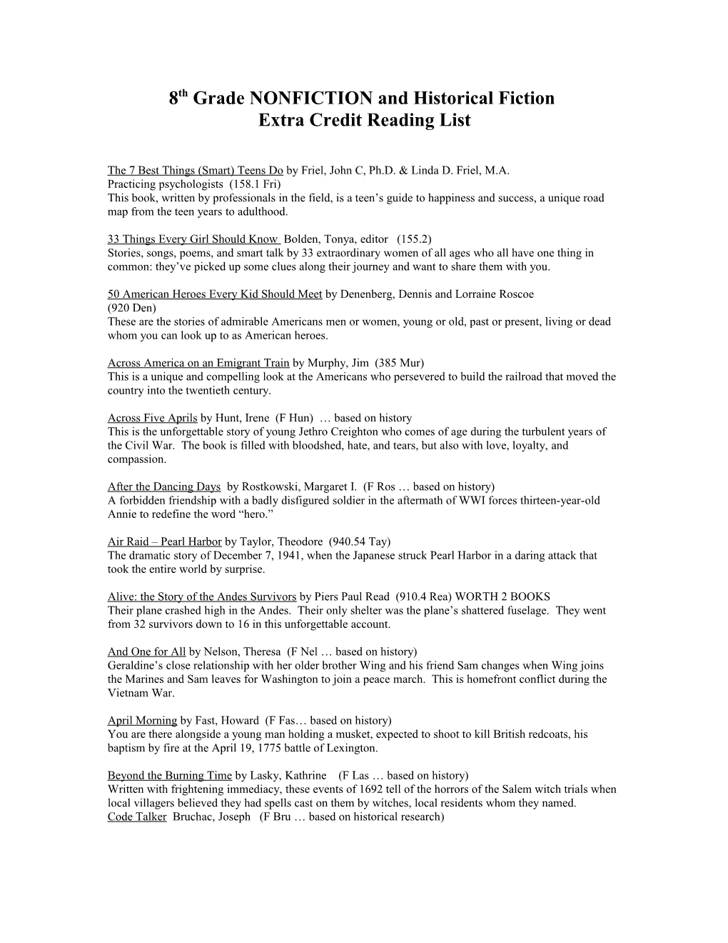 8Th Grade NONFICTION Extra Credit Reading List