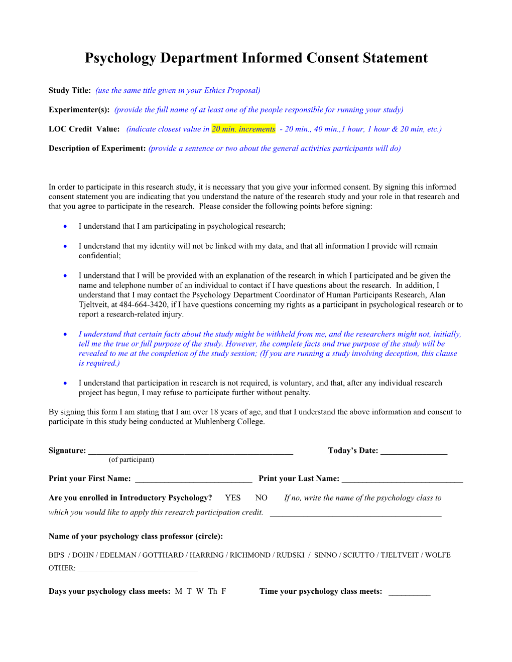 Psychology Department Informed Consent Form