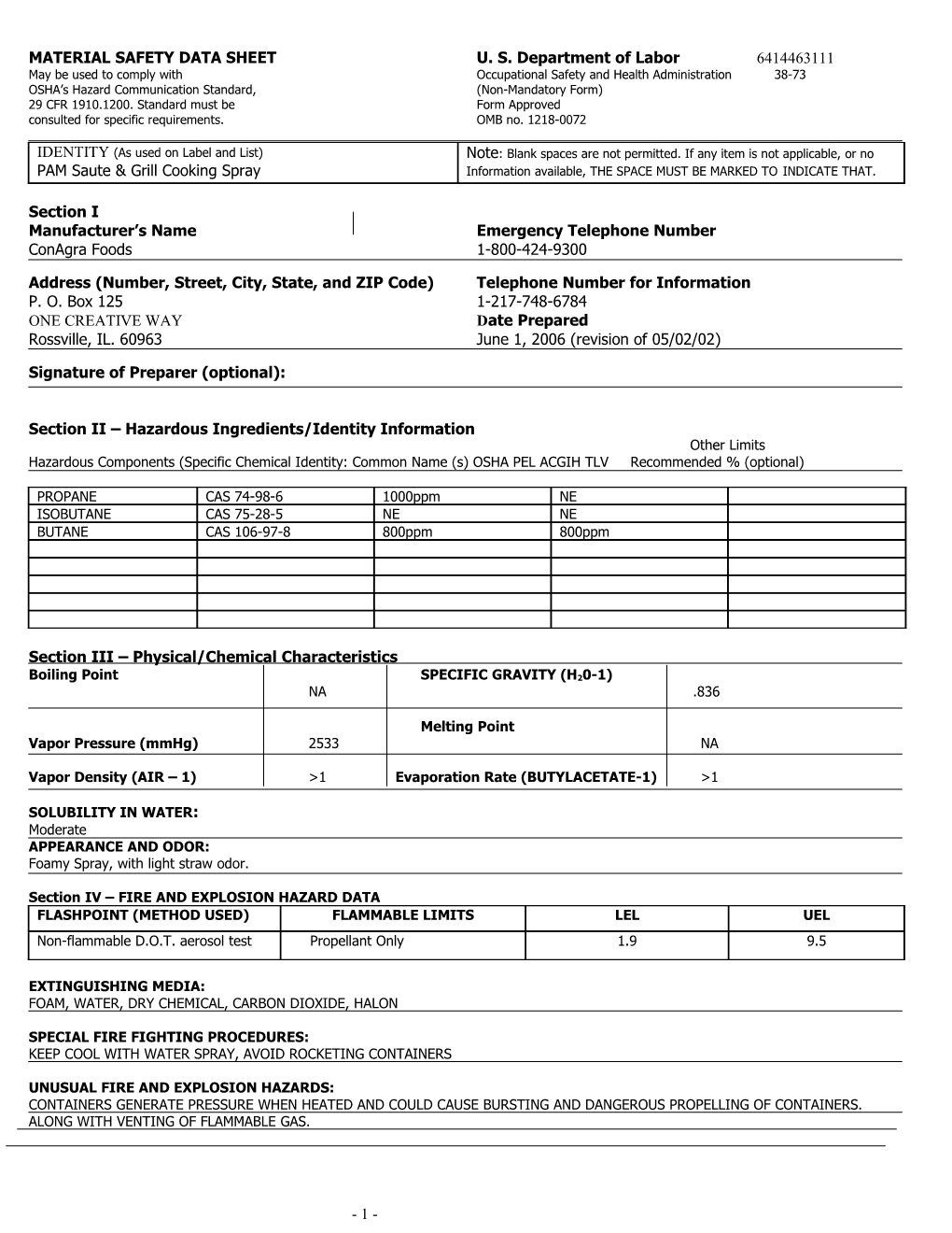 Material Safety Data Sheet s127