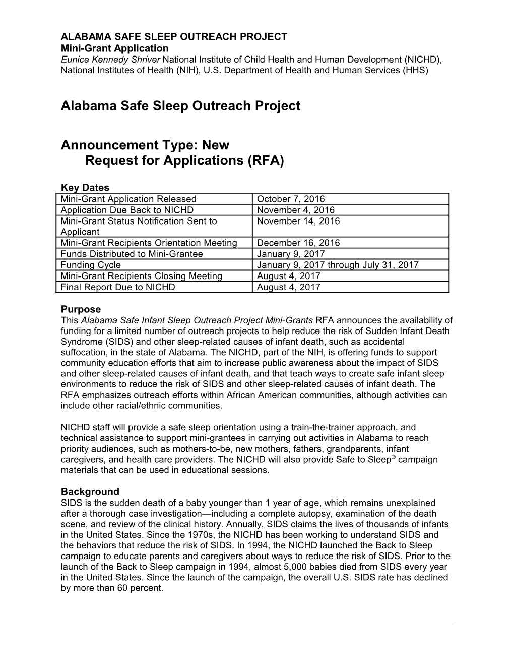 Alabama Safe Sleep Outreach Project Mini-Grant Application