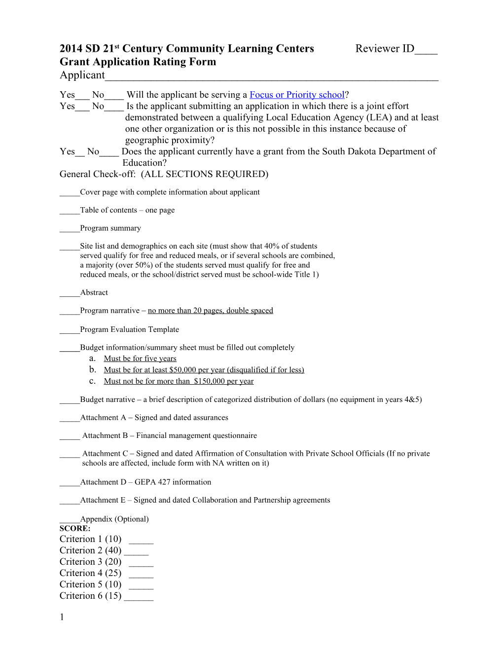 2014 SD 21St Century Community Learning Centers Reviewer ID ____