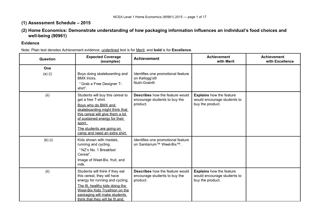 NCEA Level 1 Home Economics (90961) 2015 Assessment Schedule