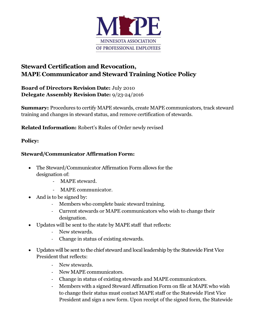 Steward Certification and Revocation