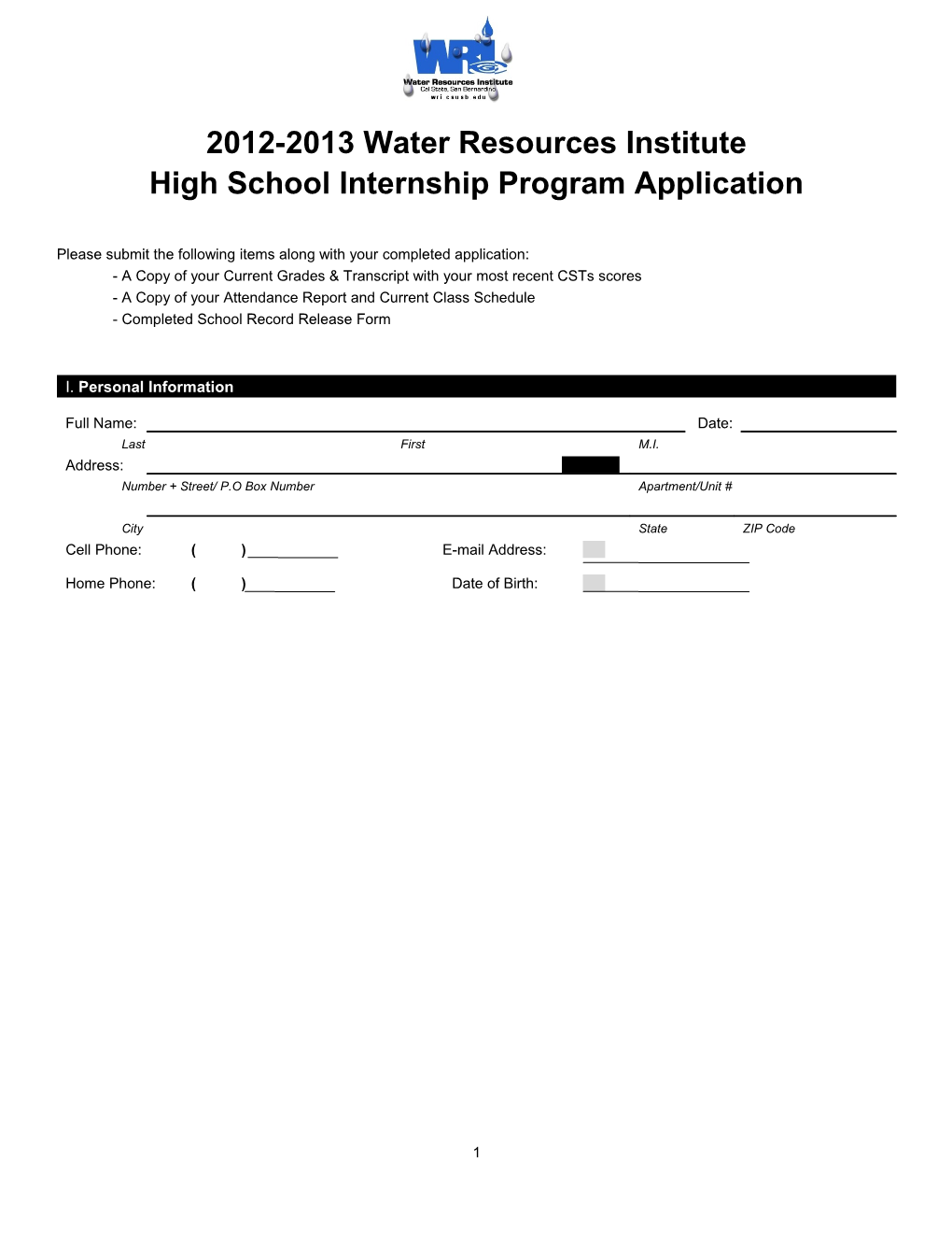 High School Internship Program Application