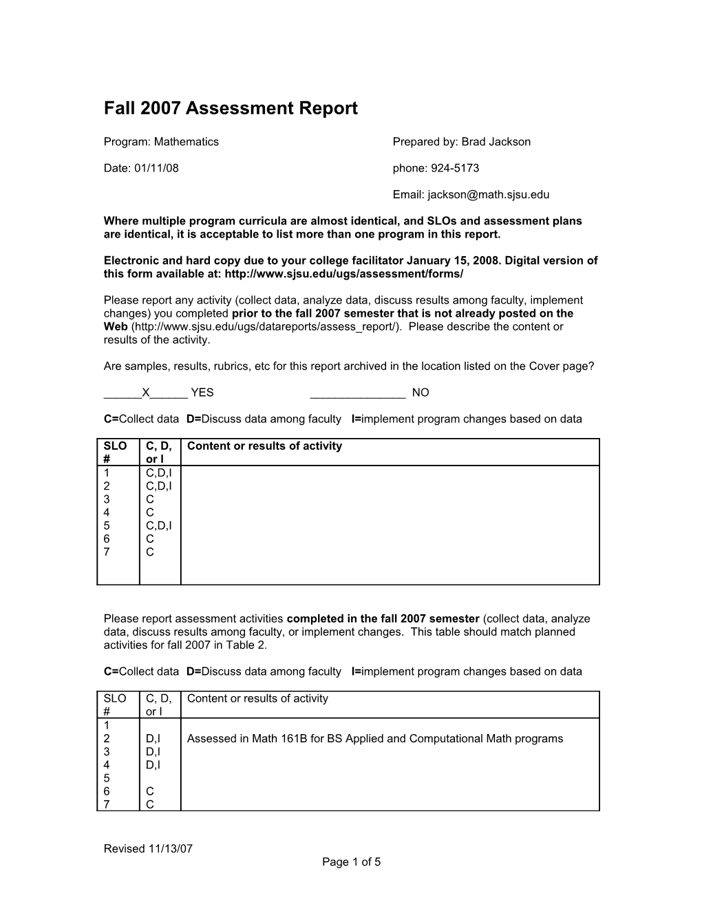 Fall 2007 Semester Program Assessment Report - ALTERNATE s1