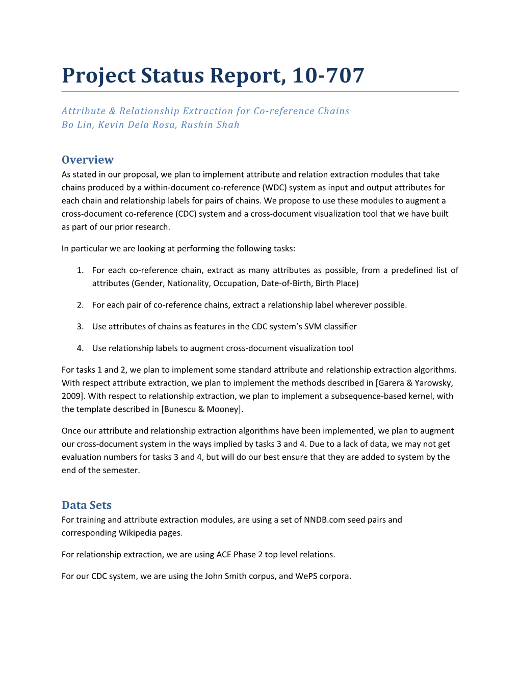 Project Status Report, 10-707