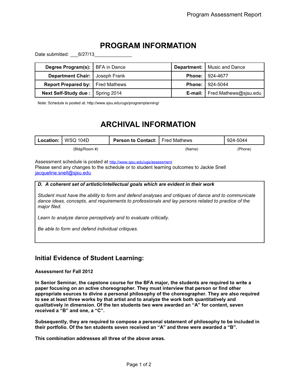 Fall 2007 Semester Program Assessment Report - ALTERNATE