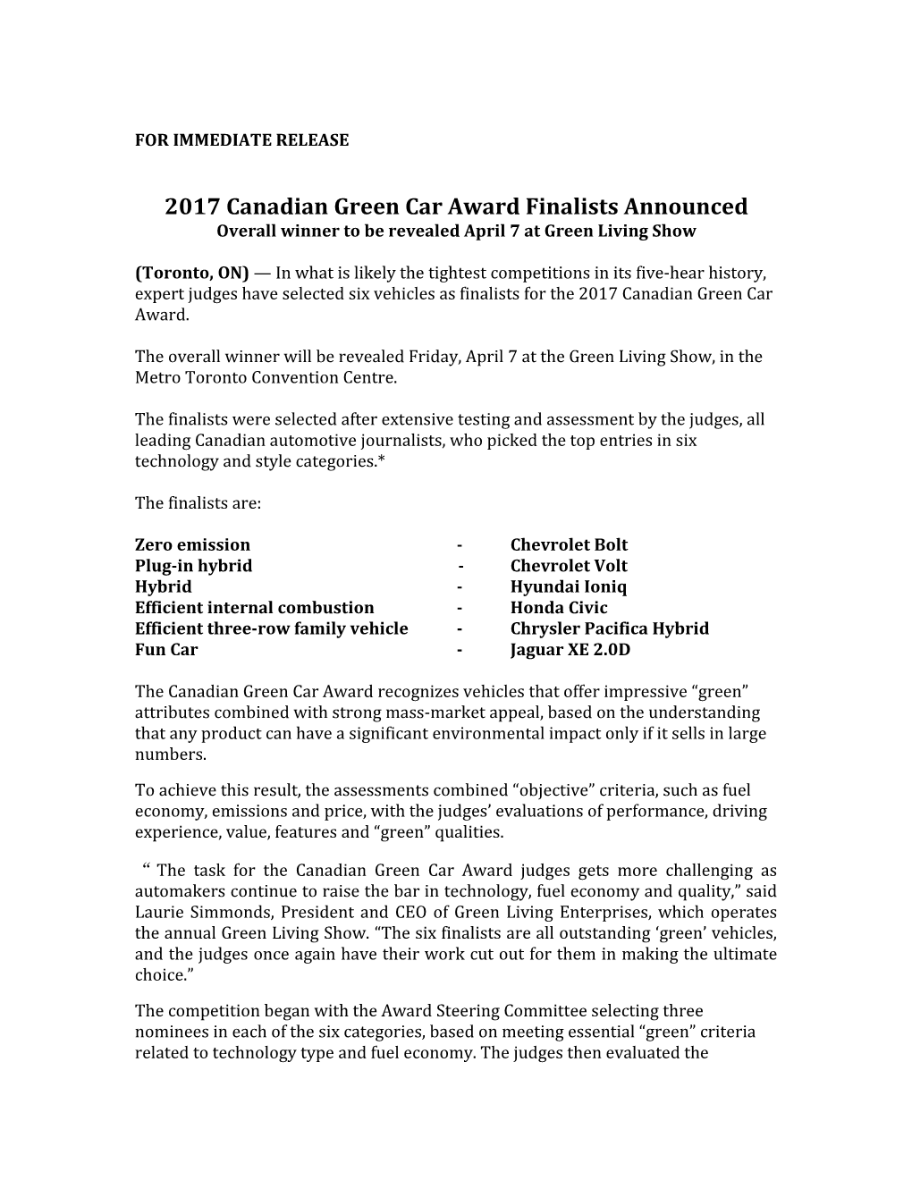 2017 Canadian Green Car Award Finalists Announced