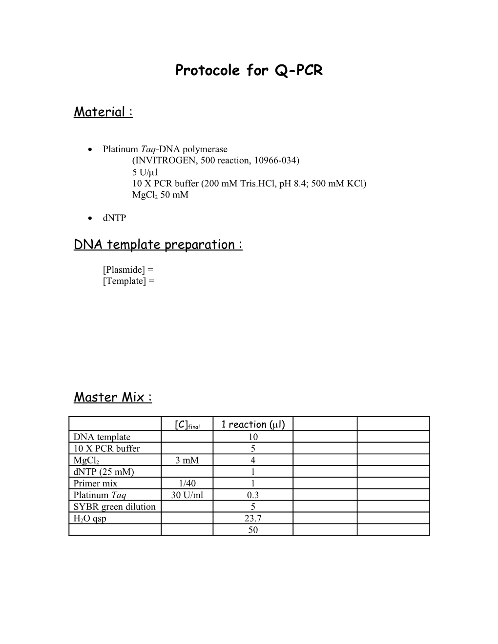 Protocole for Q-PCR