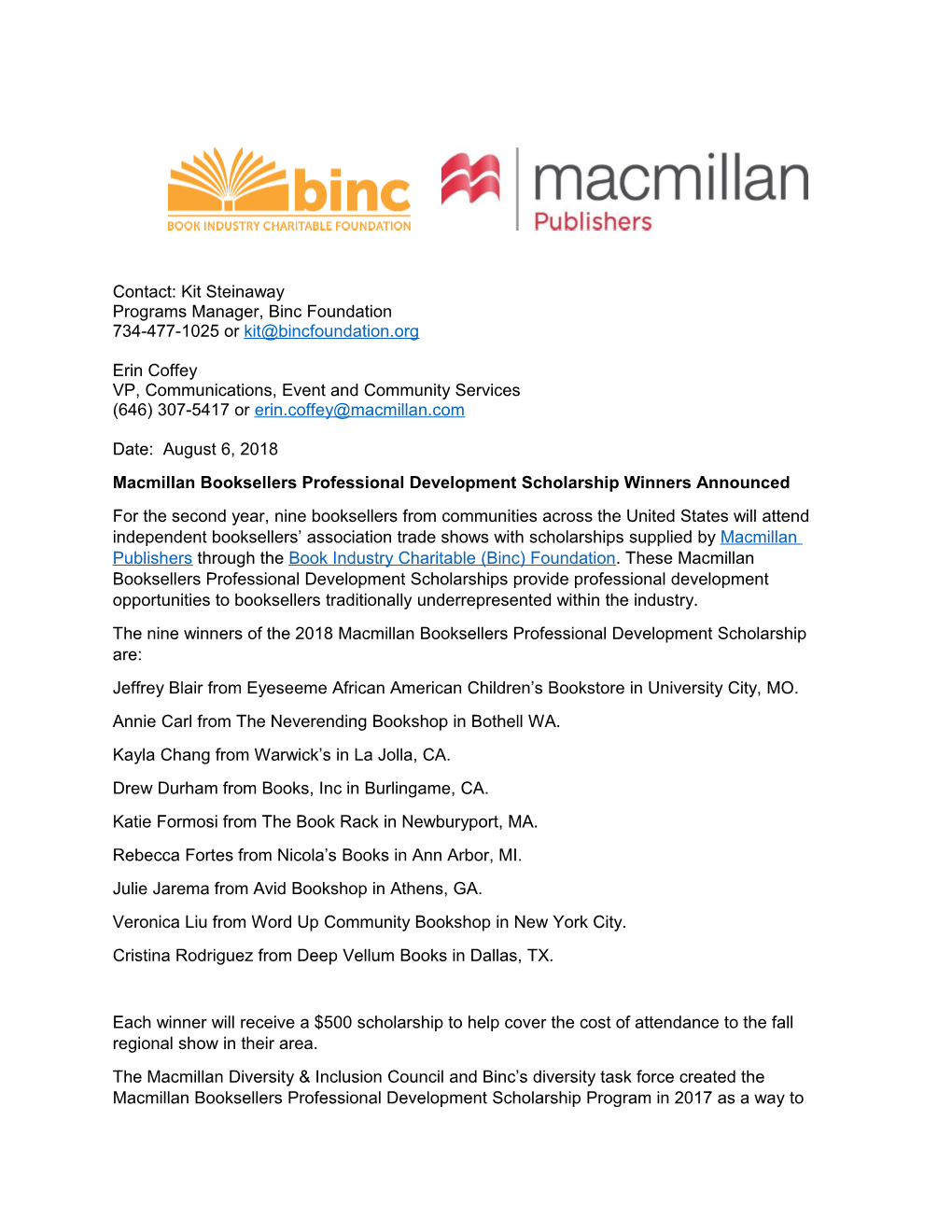 Macmillan Booksellers Professional Development Scholarship Winners Announced