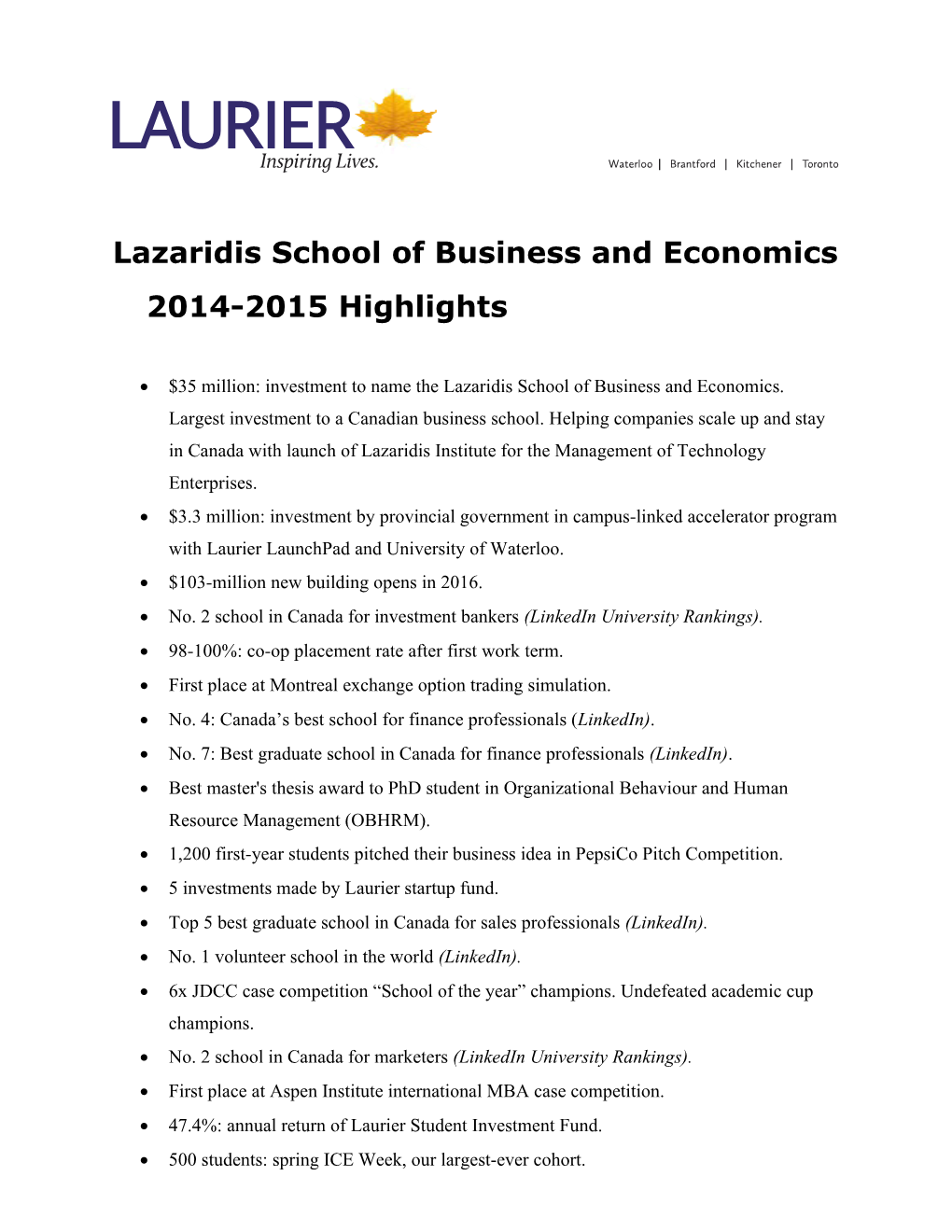 Lazaridis School of Business and Economics2014-2015 Highlights