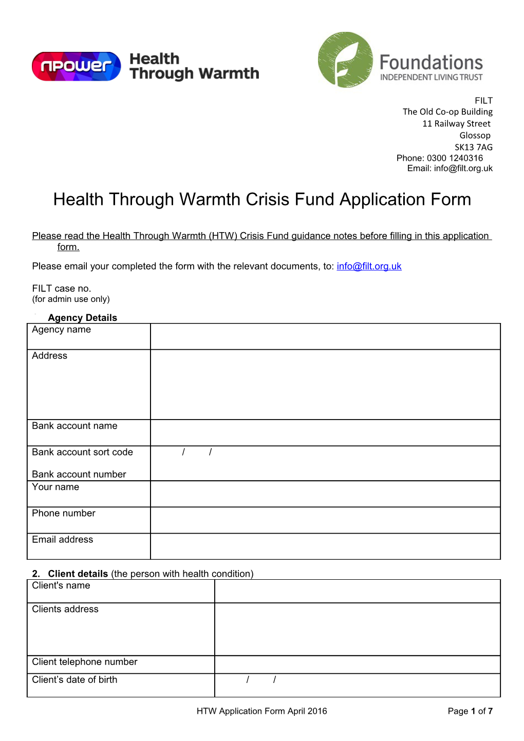 Health Through Warmth Hardship Fund Application Form
