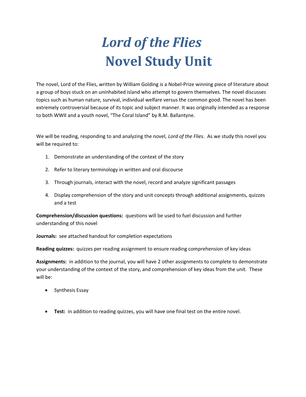 Lord of the Flies Novel Study Unit