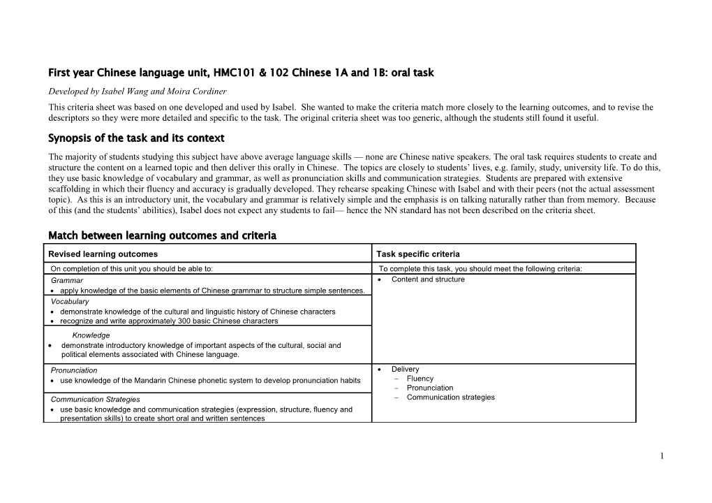 First Year Chinese Language Unit, HMC101 & 102 Chinese 1A and 1B: Oral Task